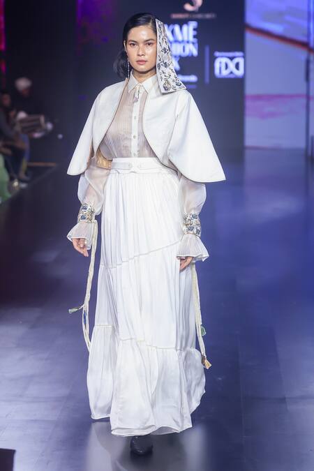 Shruti Sancheti White Organza Embroidery Collared Pintucked Shirt Online at Aza Fashions Shruti Sancheti_White Organza Embroidery Collared Pintucked Shirt _Online_at_Aza_Fashions