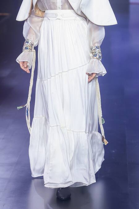 Shruti Sancheti White Satin, Silk Crushed Tiered Maxi Skirt Online at Aza Fashions Shruti Sancheti_White Satin, Silk Crushed Tiered Maxi Skirt _Online_at_Aza_Fashions