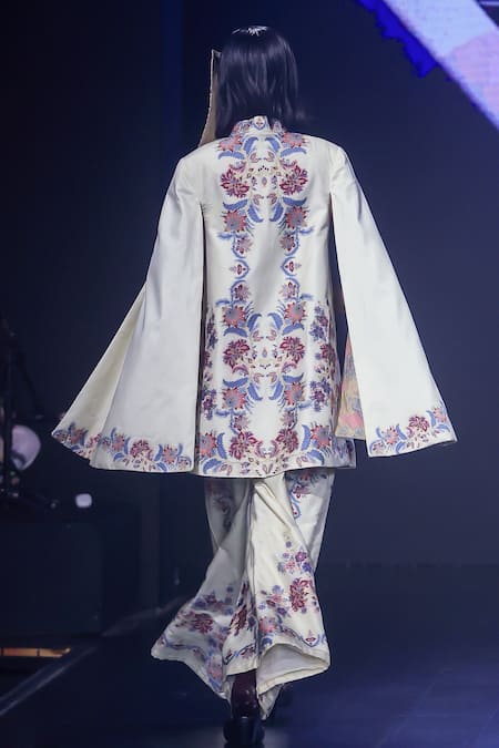Shop Shruti Sancheti White Mohair Handwoven Chintz Jamewaar Cape And Pant Set at Aza Fashions Shop_Shruti Sancheti_White Mohair Handwoven Chintz Jamewaar Cape And Pant Set _at_Aza_Fashions