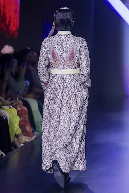 Shop_Shruti Sancheti_White Mohair, Silk Collared Woven Pleated Gown With Belt _at_Aza_Fashions