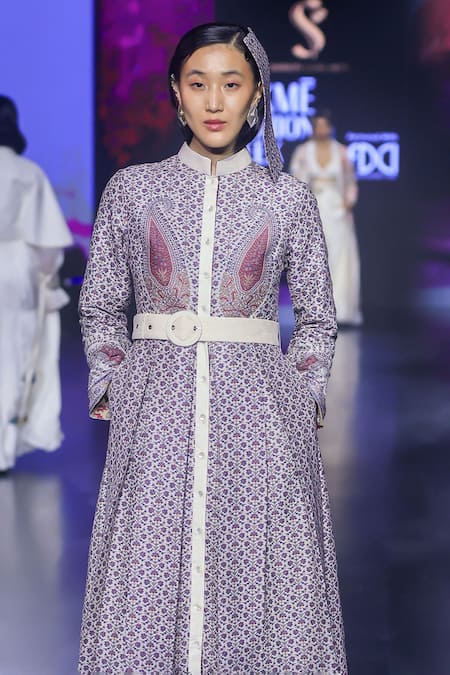 Shruti Sancheti_White Mohair, Silk Collared Woven Pleated Gown With Belt _Online_at_Aza_Fashions