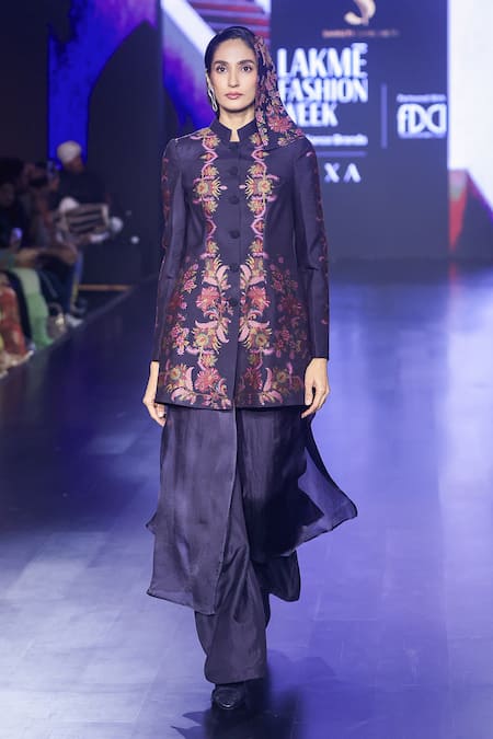 Shruti Sancheti Black Moonga Silk Woven Band Collar Floral Jacket 