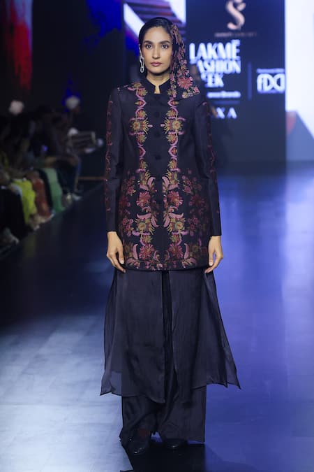 Shop Shruti Sancheti Black Mohair Embroidery Bandeau Neck Floral Woven Jacket at Aza Fashions Shop_Shruti Sancheti_Black Mohair Embroidery Bandeau Neck Floral Woven Jacket _at_Aza_Fashions