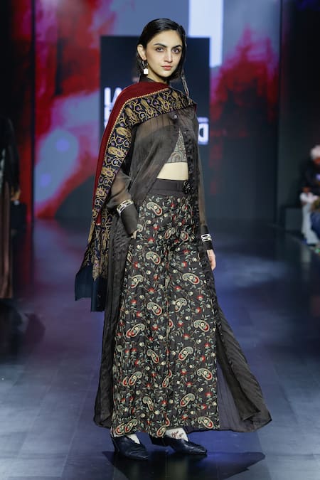 Shruti Sancheti Black Organza Printed Paisley Collared Pleated Shirt Dress With Bustier 