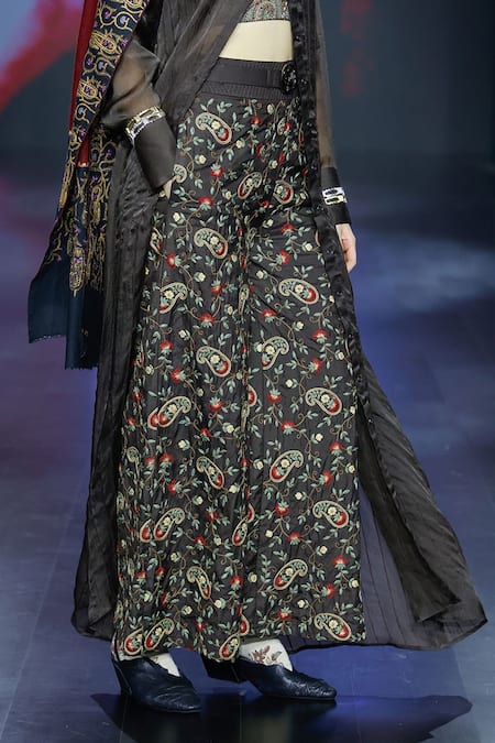 Shop_Shruti Sancheti_Black Silk, Linen Embroidery Floral Flared Pant _at_Aza_Fashions