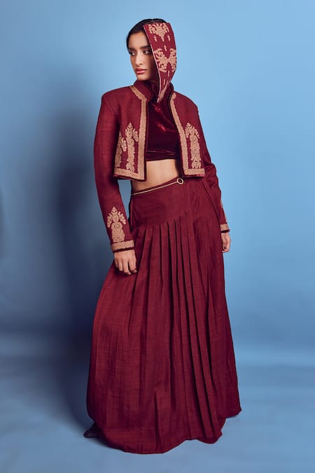 Shop Shruti Sancheti Maroon Silk Embroidery Round Neck Crop Jacket at Aza Fashions Shop_Shruti Sancheti_Maroon Silk Embroidery Round Neck Crop Jacket _at_Aza_Fashions