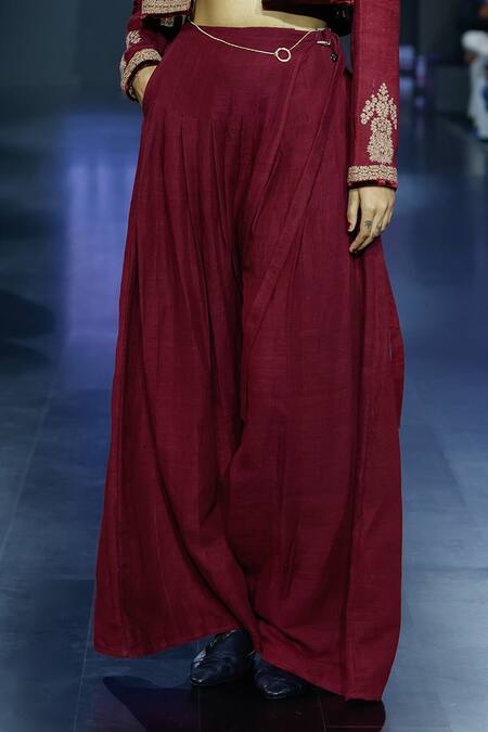 Shruti Sancheti_Maroon Silk Pleated Flap Pant _Online_at_Aza_Fashions