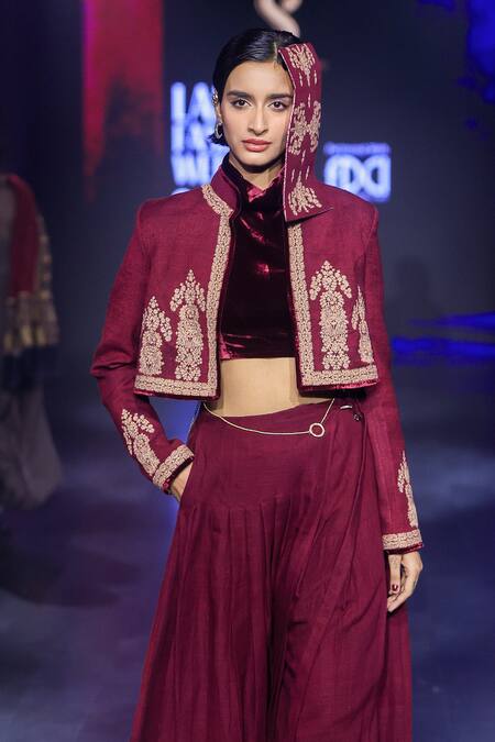 Buy_Shruti Sancheti_Maroon Silk Pleated Flap Pant _Online_at_Aza_Fashions