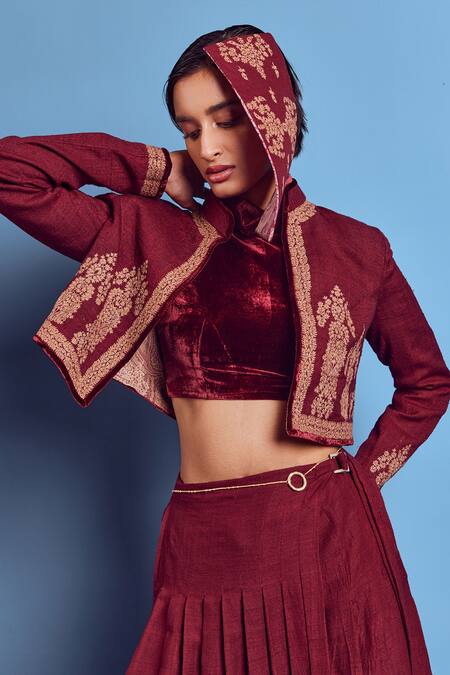 Shop_Shruti Sancheti_Maroon Silk Pleated Flap Pant _Online_at_Aza_Fashions
