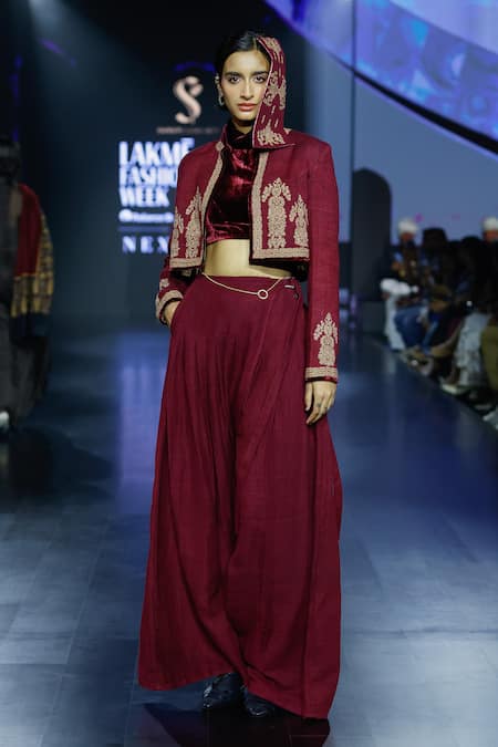 Shop Shruti Sancheti Maroon Silk, Velvet High Neck Sleeveless Top at Aza Fashions Shop_Shruti Sancheti_Maroon Silk, Velvet High Neck Sleeveless Top _at_Aza_Fashions