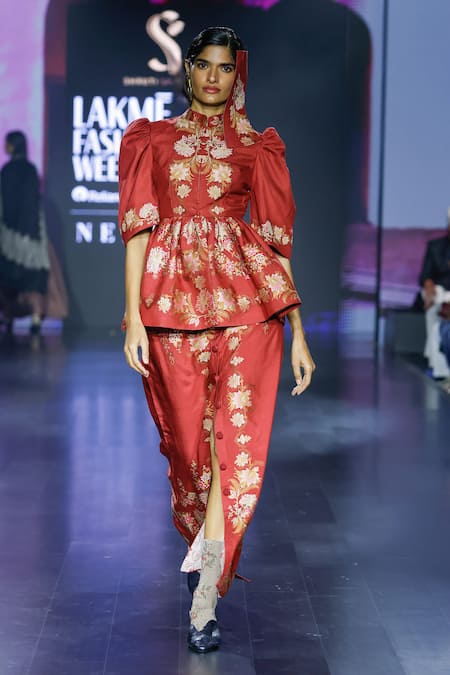 Shop Shruti Sancheti Maroon Mohair, Silk Embroidery Handloom Floral Woven Peplum Top And Skirt Set at Aza Fashions Shop_Shruti Sancheti_Maroon Mohair, Silk Embroidery Handloom Floral Woven Peplum Top And Skirt Set _at_Aza_Fashions