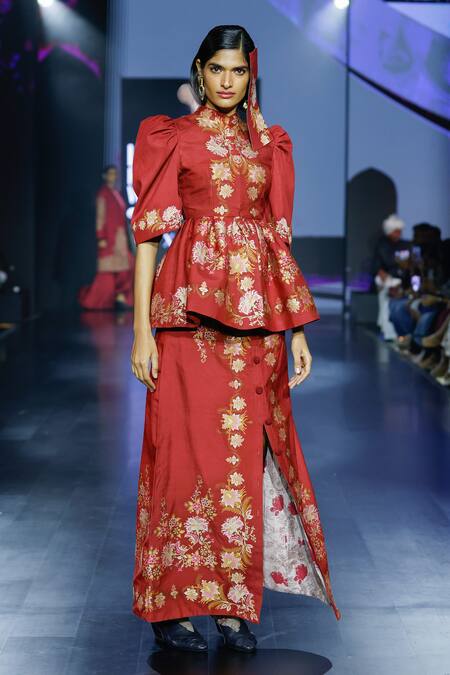 Shruti Sancheti Maroon Mohair, Silk Embroidery Handloom Floral Woven Peplum Top And Skirt Set Online at Aza Fashions Shruti Sancheti_Maroon Mohair, Silk Embroidery Handloom Floral Woven Peplum Top And Skirt Set _Online_at_Aza_Fashions