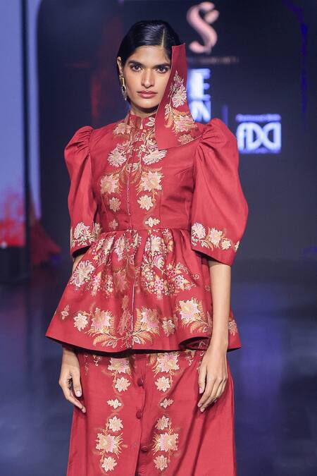 Buy Shruti Sancheti Maroon Mohair, Silk Embroidery Handloom Floral Woven Peplum Top And Skirt Set Online at Aza Fashions Buy_Shruti Sancheti_Maroon Mohair, Silk Embroidery Handloom Floral Woven Peplum Top And Skirt Set _Online_at_Aza_Fashions