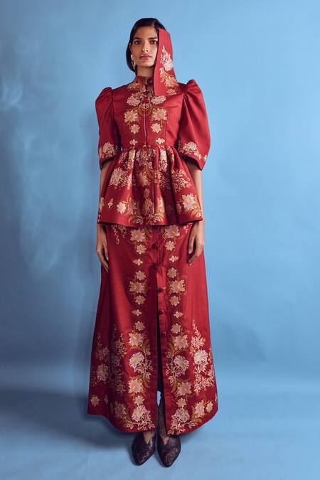 Shop Shruti Sancheti Maroon Mohair, Silk Embroidery Handloom Floral Woven Peplum Top And Skirt Set Online at Aza Fashions Shop_Shruti Sancheti_Maroon Mohair, Silk Embroidery Handloom Floral Woven Peplum Top And Skirt Set _Online_at_Aza_Fashions
