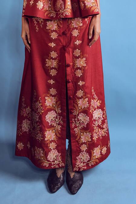 Shruti Sancheti Maroon Mohair, Silk Embroidery Handloom Floral Woven Peplum Top And Skirt Set at Aza Fashions Shruti Sancheti_Maroon Mohair, Silk Embroidery Handloom Floral Woven Peplum Top And Skirt Set _at_Aza_Fashions