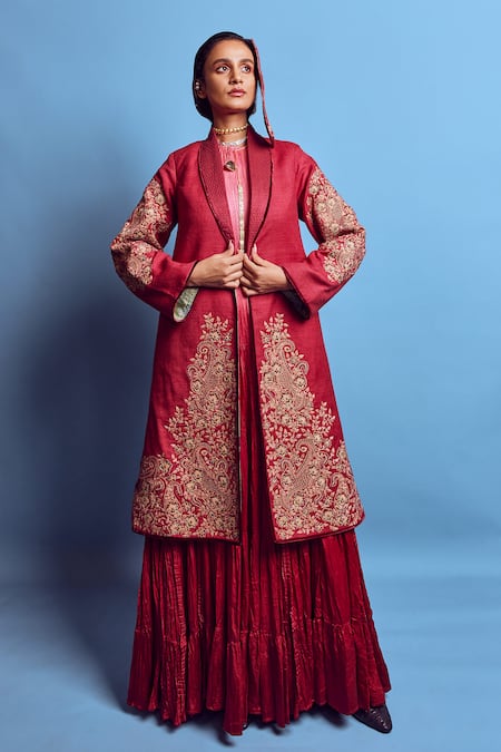 Shop Shruti Sancheti Maroon Maheshwari, Silk Embroidery Shawl Neck Floral Paisley Long Jacket at Aza Fashions Shop_Shruti Sancheti_Maroon Maheshwari, Silk Embroidery Shawl Neck Floral Paisley Long Jacket _at_Aza_Fashions