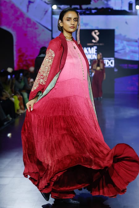 Shop Shruti Sancheti Maroon Satin, Silk, Linen Round Neck Crushed Tiered Maxi Dress at Aza Fashions Shop_Shruti Sancheti_Maroon Satin, Silk, Linen Round Neck Crushed Tiered Maxi Dress _at_Aza_Fashions