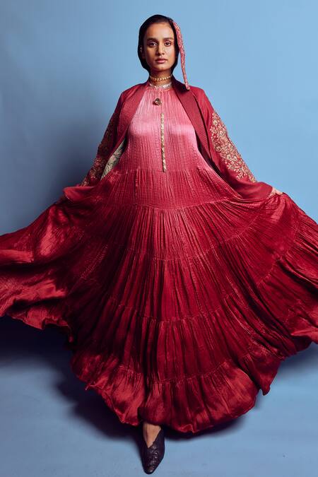 Shruti Sancheti Maroon Satin, Silk, Linen Round Neck Crushed Tiered Maxi Dress Online at Aza Fashions Shruti Sancheti_Maroon Satin, Silk, Linen Round Neck Crushed Tiered Maxi Dress _Online_at_Aza_Fashions