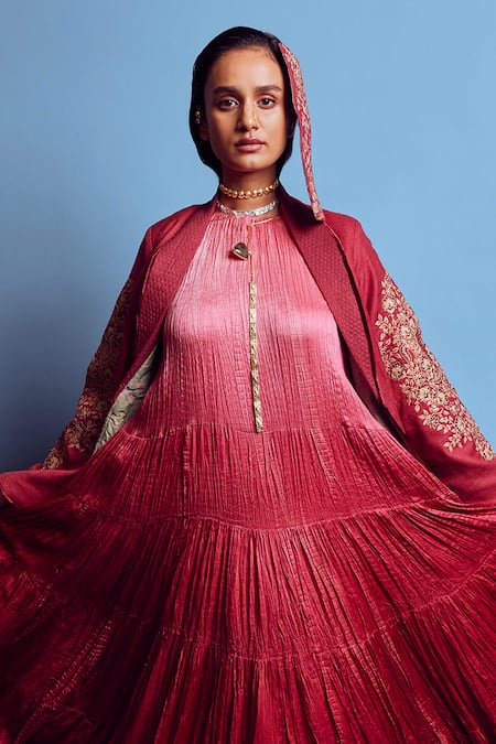 Buy Shruti Sancheti Maroon Satin, Silk, Linen Round Neck Crushed Tiered Maxi Dress Online at Aza Fashions Buy_Shruti Sancheti_Maroon Satin, Silk, Linen Round Neck Crushed Tiered Maxi Dress _Online_at_Aza_Fashions