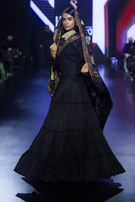Shruti Sancheti_Black Satin, Silk Tiered Crushed Maxi Skirt _Online_at_Aza_Fashions