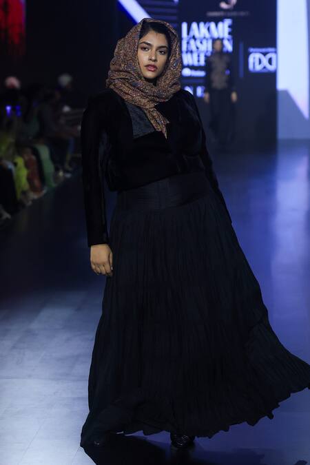 Shruti Sancheti_Black Satin, Velvet, Silk Collared Jacket With Skirt _Online_at_Aza_Fashions