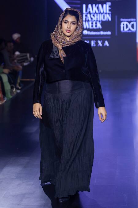 Buy_Shruti Sancheti_Black Satin, Velvet, Silk Collared Jacket With Skirt _Online_at_Aza_Fashions