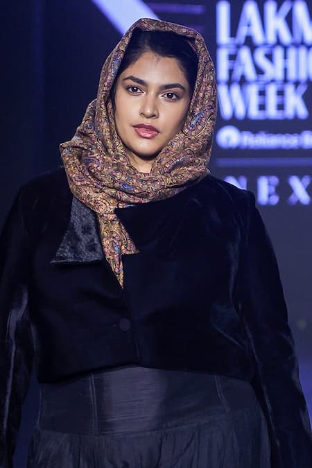 Shop_Shruti Sancheti_Black Satin, Velvet, Silk Collared Jacket With Skirt _Online_at_Aza_Fashions