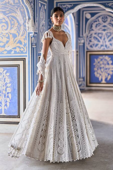 Buy_Seema Gujral_Green Net Pearls, Sequins, Tassels Sweetheart Neck Embroidered Anarkali Set _Online_at_Aza_Fashions