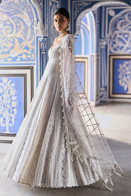 Shop_Seema Gujral_Green Net Pearls, Sequins, Tassels Sweetheart Neck Embroidered Anarkali Set _Online_at_Aza_Fashions