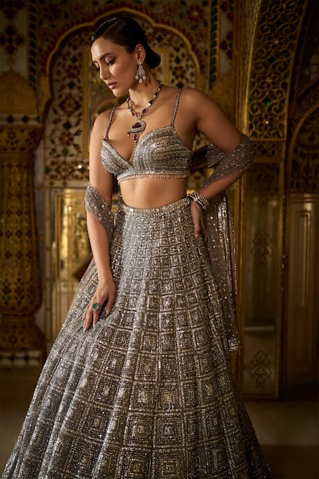 Seema Gujral_Silver Net Tassels, Sequins Geometric Motif Embroidered Bridal Lehenga Set _Online_at_Aza_Fashions