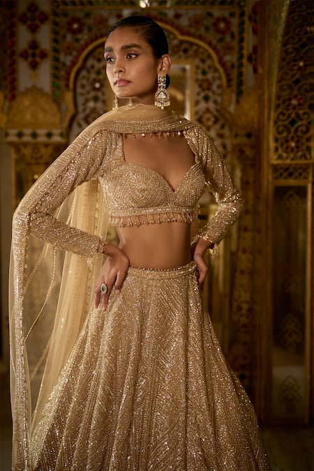 Buy_Seema Gujral_Gold Net Crystals, Sequins, Beads, Tassels Embroidered Bridal Lehenga Set _Online_at_Aza_Fashions