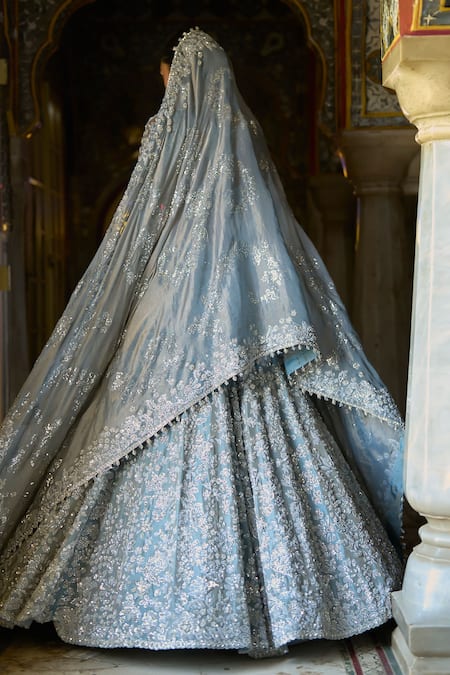 Shop_Seema Gujral_Blue Tissue, Silk, Organza Crystals, Floral Vine Embroidered Bridal Lehenga Set _at_Aza_Fashions