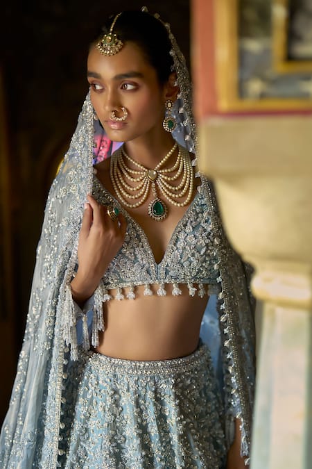 Seema Gujral_Blue Tissue, Silk, Organza Crystals, Floral Vine Embroidered Bridal Lehenga Set _Online_at_Aza_Fashions