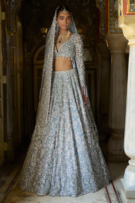 Buy_Seema Gujral_Blue Tissue, Silk, Organza Crystals, Floral Vine Embroidered Bridal Lehenga Set _Online_at_Aza_Fashions