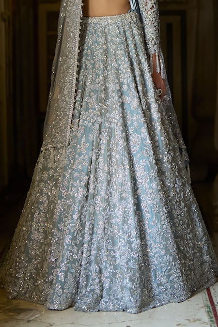 Shop_Seema Gujral_Blue Tissue, Silk, Organza Crystals, Floral Vine Embroidered Bridal Lehenga Set _Online_at_Aza_Fashions