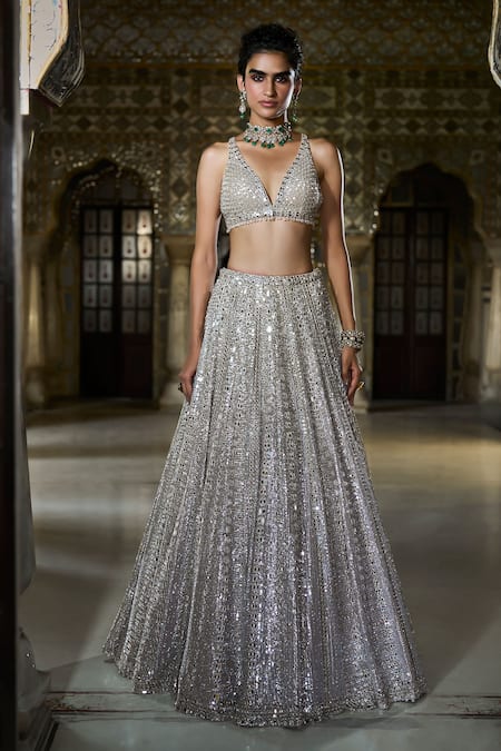 Seema Gujral_Silver Net Mirrors, Sequins Plunge Neck Embroidered Lehenga Set _Online_at_Aza_Fashions