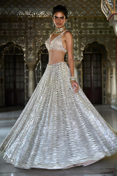 Buy_Seema Gujral_Silver Net Mirrors, Sequins Plunge Neck Embroidered Lehenga Set _Online_at_Aza_Fashions