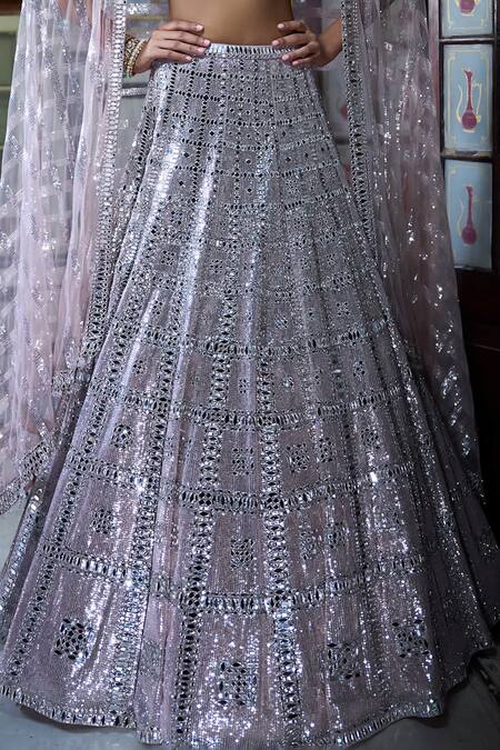 Buy_Seema Gujral_Rose Gold Net Mirrors, Tassels Embroidered Lehenga Set _Online_at_Aza_Fashions