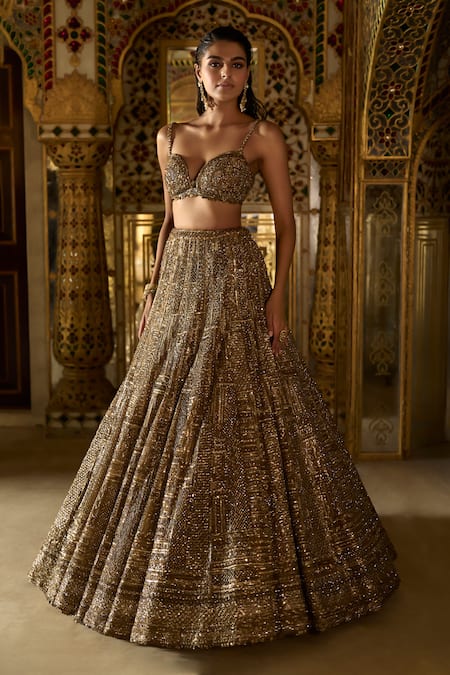 Shop_Seema Gujral_Gold Net Sequins, Crystals, Beads Antique Embroidered Bridal Lehenga Set _Online_at_Aza_Fashions