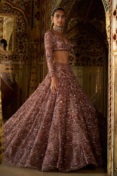 Seema Gujral_Purple Net Crystals, Sequins, Embroidery Floral Bloom Bridal Lehenga Set _Online_at_Aza_Fashions