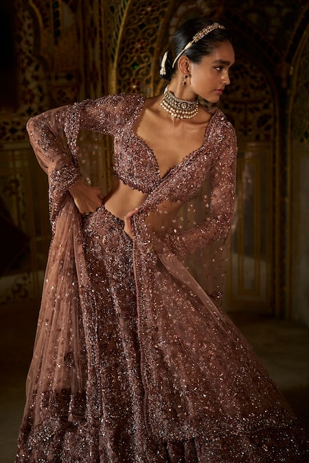 Seema Gujral_Purple Net Crystals, Sequins, Embroidery Floral Bloom Bridal Lehenga Set _at_Aza_Fashions