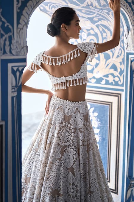 Shop_Seema Gujral_Ivory Net Pearls, Sequins, Embroidery Floral Bloom Bridal Lehenga Set _at_Aza_Fashions