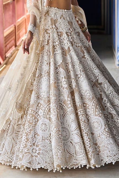 Seema Gujral_Ivory Net Pearls, Sequins, Embroidery Floral Bloom Bridal Lehenga Set _Online_at_Aza_Fashions
