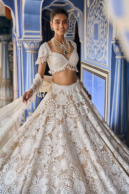 Shop_Seema Gujral_Ivory Net Pearls, Sequins, Embroidery Floral Bloom Bridal Lehenga Set _Online_at_Aza_Fashions