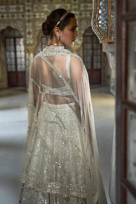 Shop_Seema Gujral_Ivory Net, Organza Pearls, Crystals, Mirrors Scallop Embroidered Lehenga Set _at_Aza_Fashions