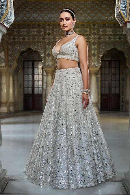 Seema Gujral_Ivory Net, Organza Pearls, Crystals, Mirrors Scallop Embroidered Lehenga Set _Online_at_Aza_Fashions