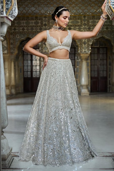 Buy_Seema Gujral_Ivory Net, Organza Pearls, Crystals, Mirrors Scallop Embroidered Lehenga Set _Online_at_Aza_Fashions