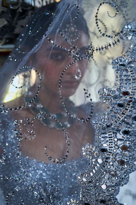 Buy_Seema Gujral_Grey Organza Embroidery, Mirrors Scoop Neck Abstract Bridal Lehenga Set _Online_at_Aza_Fashions