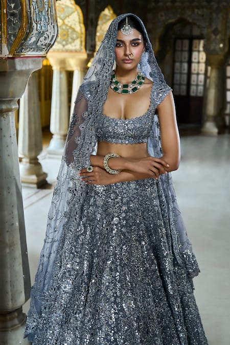 Shop_Seema Gujral_Grey Organza Embroidery, Mirrors Scoop Neck Abstract Bridal Lehenga Set _Online_at_Aza_Fashions