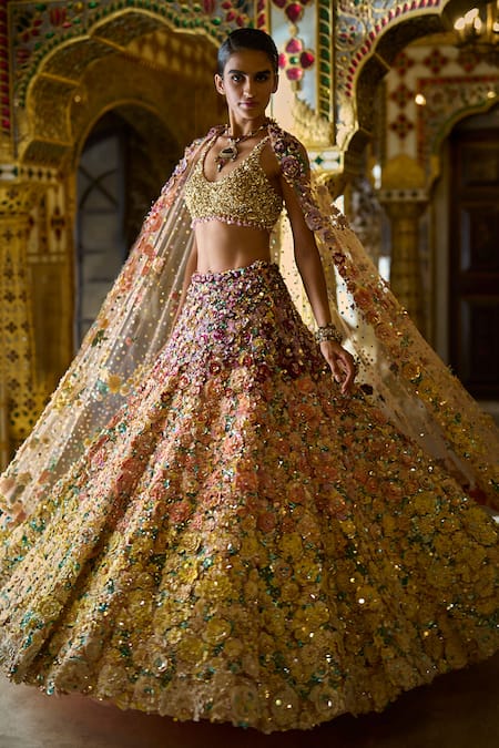 Seema Gujral 3D Ombre Floral Embroidered Bridal Lehenga Set 